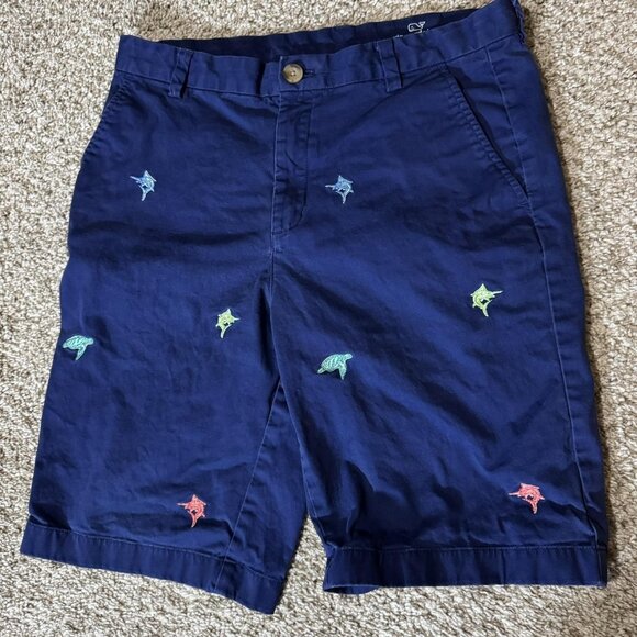 Vineyard Vines Shorts Boys 18 Navy Embroidered Swordfish Critter Chino Stretch - Picture 1 of 8